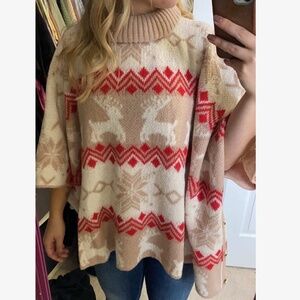 Cozy Christmas Holiday Reindeer Snowflake Print Oversized Sweater